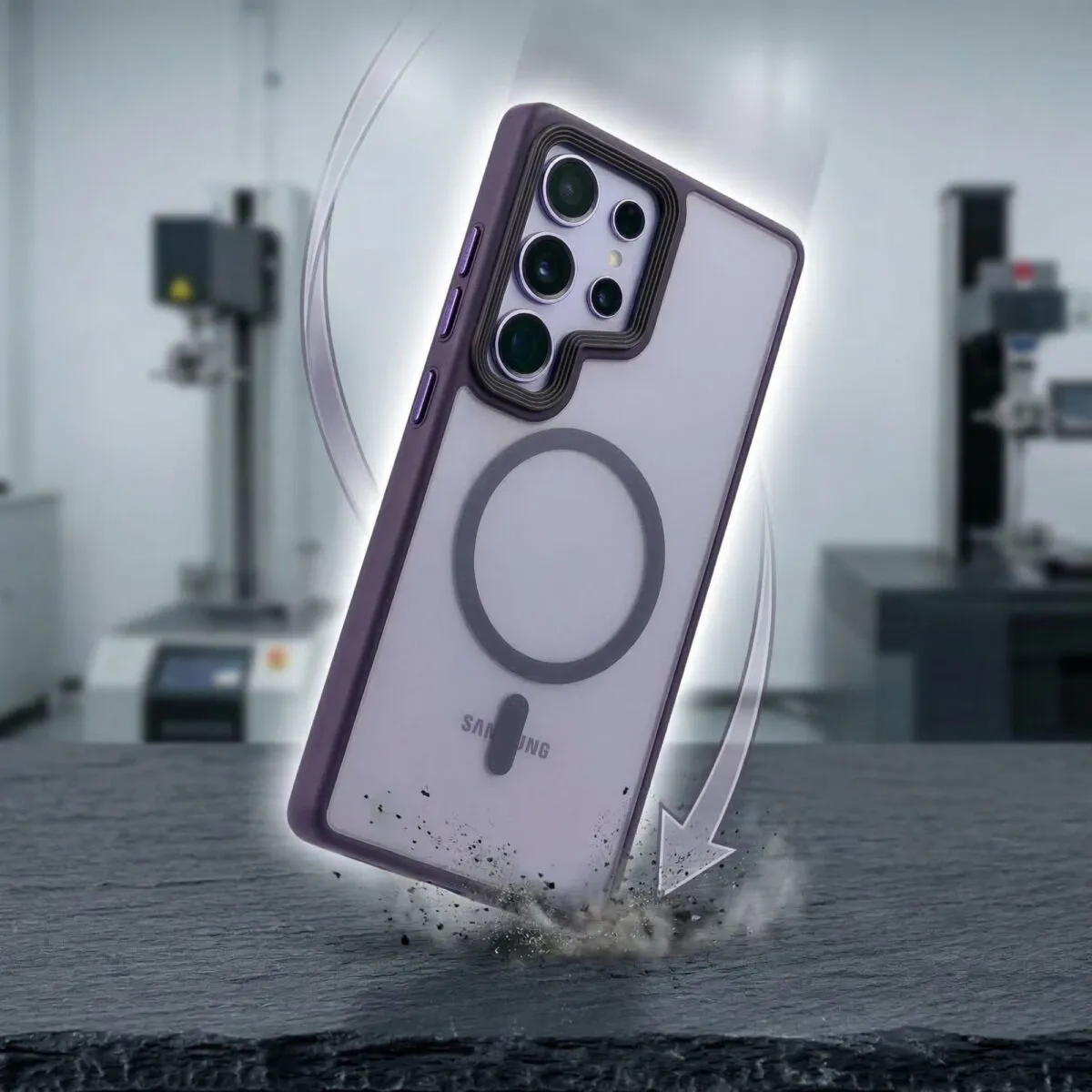 Samsung S25 Ultra purple MagSafe case demonstrating shockproof drop protection