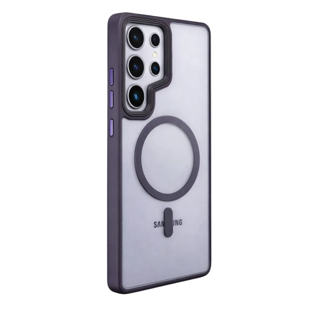 Side angle view of matte translucent magnetic case for Samsung S25 Ultra in purple