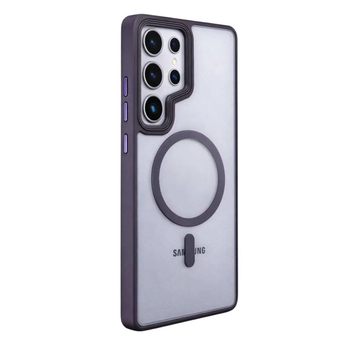 Side angle view of matte translucent magnetic case for Samsung S25 Ultra in purple