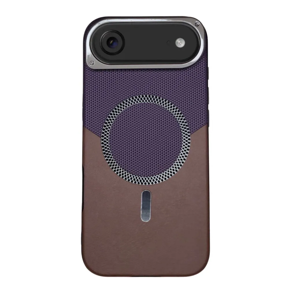 Dual tone purple brown leather MagSafe case for iPhone Air with metallic camera protection