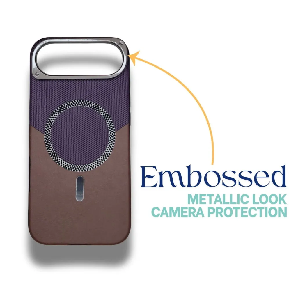 iPhone Air leather MagSafe case showing embossed metallic camera protection design