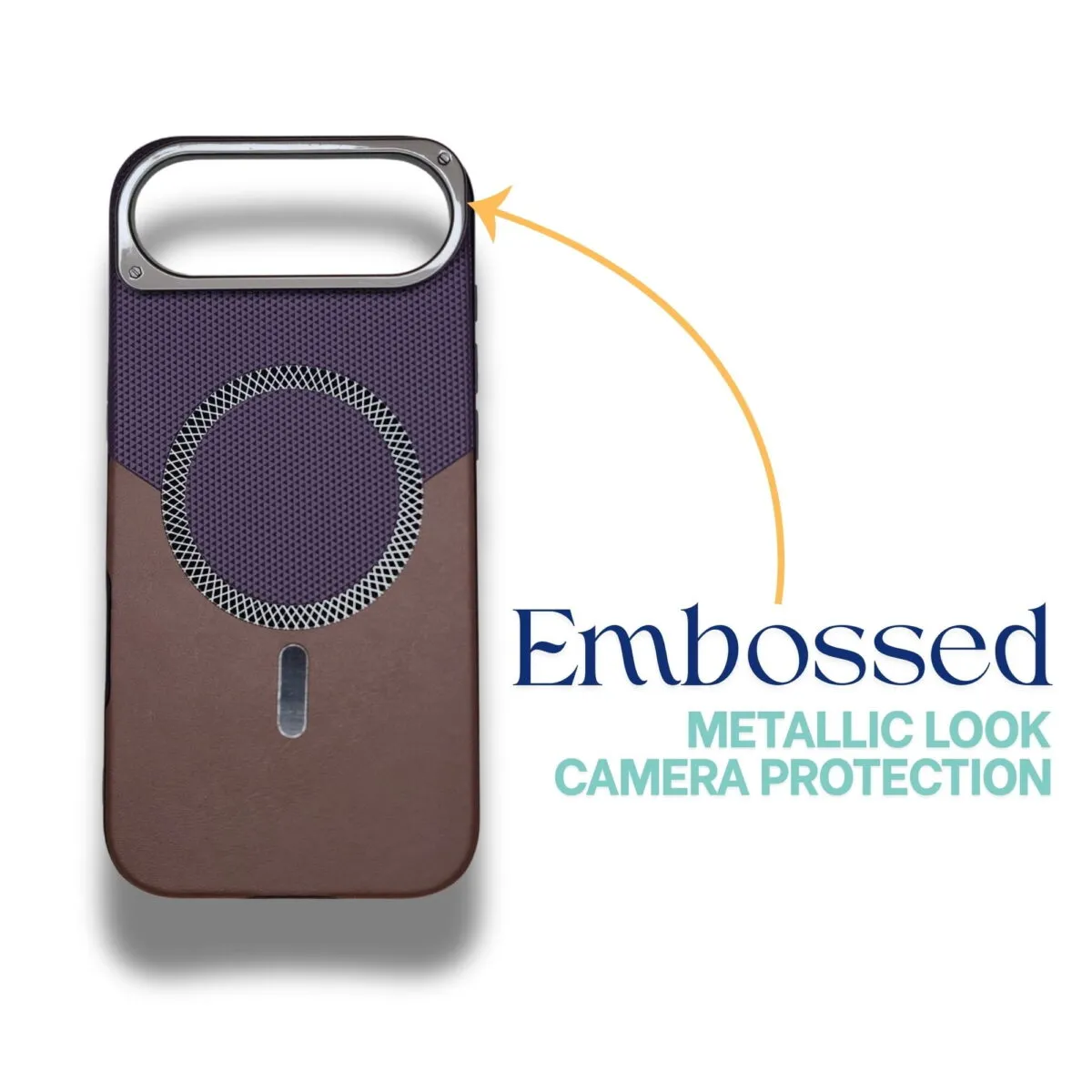 iPhone Air leather MagSafe case showing embossed metallic camera protection design