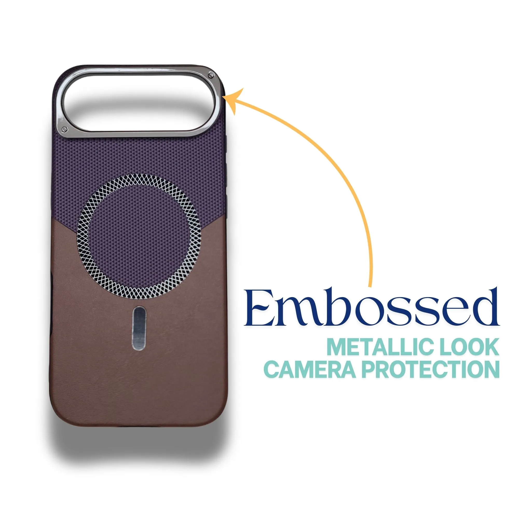 iPhone Air leather MagSafe case showing embossed metallic camera protection design
