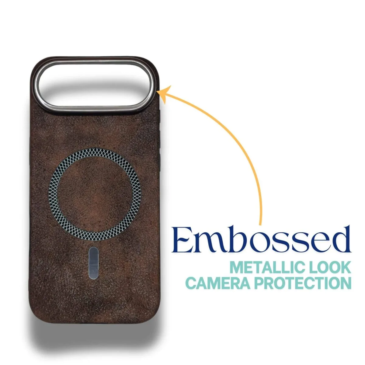 iPhone Air faux leather case with raised metallic camera protection frame