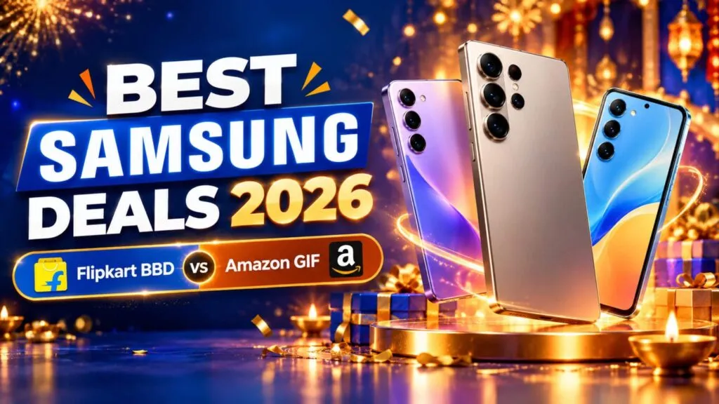 Best Samsung deals 2026 banner showing Galaxy smartphones for Flipkart BBD and Amazon GIF